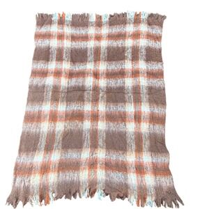 MYER Pure Mohair Throw Blanket Made in Australia Plaid Brown‎ Orange White